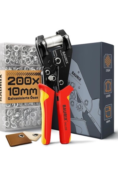 BAURIX Clește pentru inele de prindere pentru prelate cu 200 de inele de prindere rezistente la rugină de 10 mm, fără perforare prealabilă