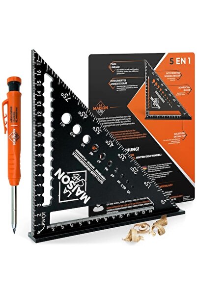 LET Set echer de tâmplărie din aluminiu 180 mm cu creion mecanic (echer multifuncțional pentru tâmplărie)