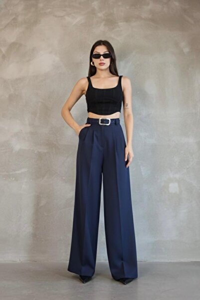 HA-KA GİYİM Women's Palazzo Pleated Pants Imported Doubleface Fabric High Quality Product High Waist with Belt