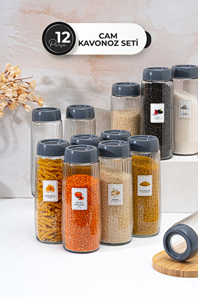 Homekolik Set of 12 Labeled Anthracite Lid Glass Storage Containers – 1500 ml Leakproof Dry Food Jar Set