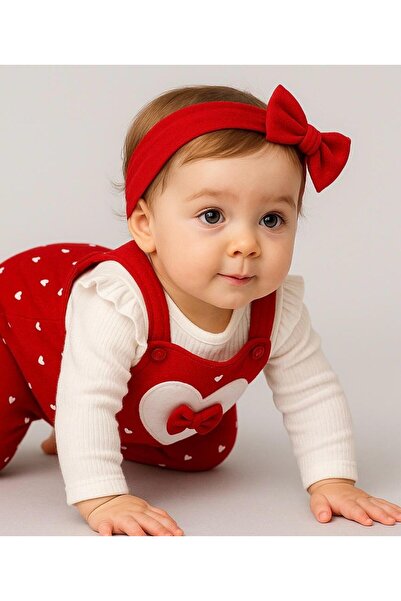Chicsy Baby Baby Girl Heart Bow Detailed Strap Jumpsuit Set
