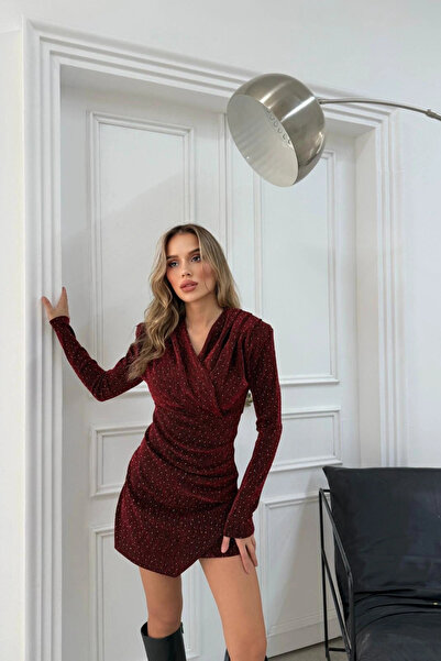 Sorridi Simli Kruvaze Yaka Eteği Asimetrik Kesim Mini Elbise