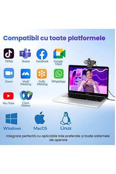 OEM Webcam 2K QHD, 4MP, Stereo Microphone, Auto-Focus, Light Correction, 360° Rotation, Plug&Play, Black