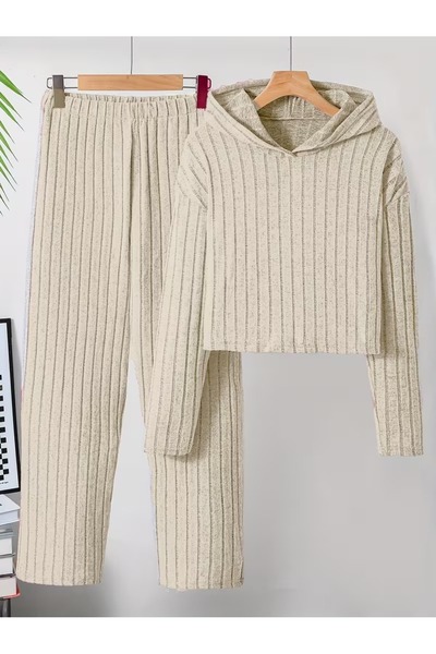 buendiakids Kız Çocuk Bej Örme Kumaş Fitilli Kapşonlu Sweatshirt Boru Paça Eş...