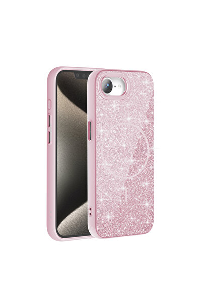 UnDePlus Apple iPhone 16E Kılıf M-safe Şarj Özellikli Parlayan Simli Zore Okso Kapak