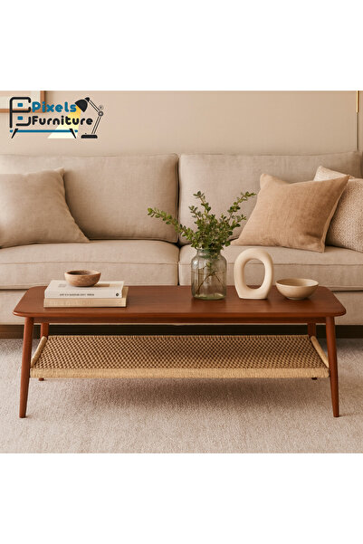 PixelsFurniture Pixel Furniture 2-Tier Coffee Table with Wood Top, Rattan Bottom Shelf and Metal Ends