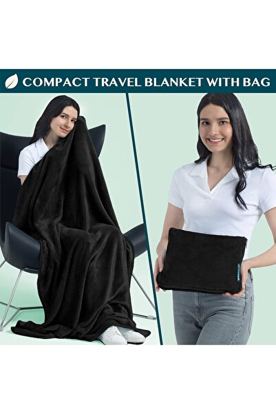 PAVILIA Travel Blanket & Pillow, 2-in-1 Microfleece, 60 x 43 (Black)