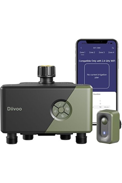 Diivoo Smart WiFi Irrigation Timer - 4 Zones, 4 Outputs, 6 Programs, RFID, Voice Control (Green)