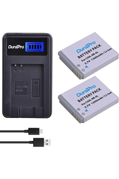Durapro Set de 2 baterii NB-6L/NB-6LH 1300mAh cu încărcător LCD pentru camere Canon PowerShot
