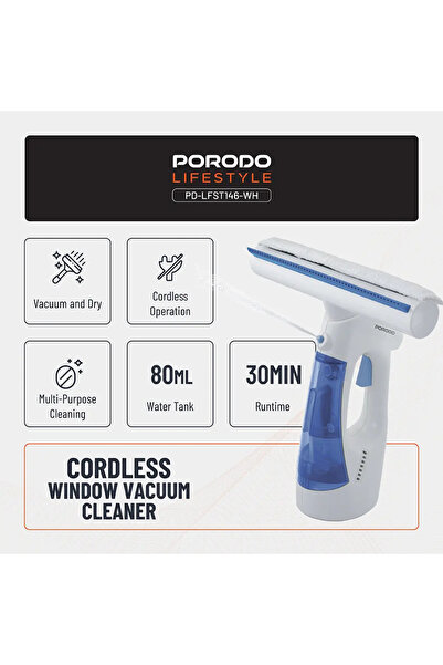 porodo Lifestyle Cordless Window Vacuum Cleaner - Dual-Tank, 30min, 1kPa, 9W, White