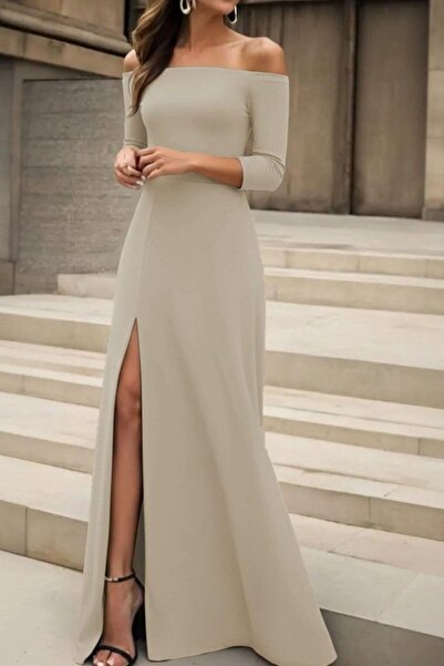 Mossta Madonna Collar Slit Long Imported Crepe Dress - Beige