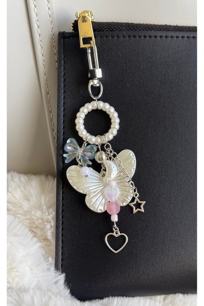 WhimsyWhite Pastel Beaded Butterfly Bag Charm, Handmade Designer Bag Purse Ornament