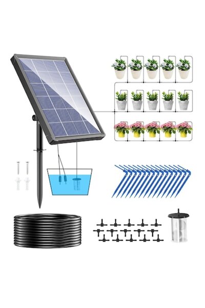 Biling Solar Drip Irrigation Kit 15 m with 15 Sprinklers, 6 Modes, Low Water Alarm, IP67