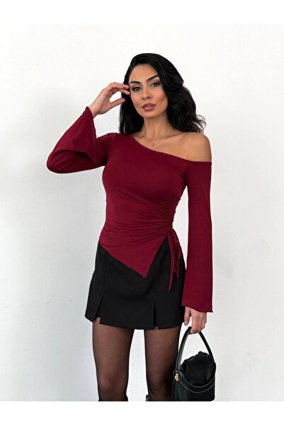 hazelin Women's Burgundy Asymmetrical Cut Spanish Sleeve Gathered Waist Sandy Blouse Hzl25W-Fry123591