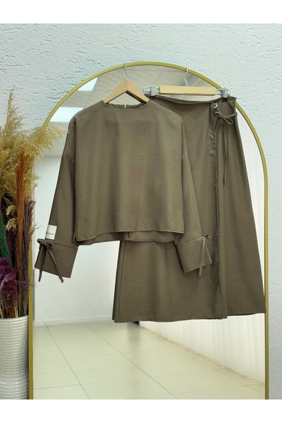 MİHRA STORE Sultan Kolları Drawstring Single Sleeve Label Accessory Skirted Suit-Ek-H-110-2 Khaki
