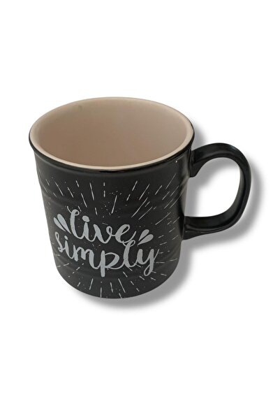 Keramika Barrel Mug 10cm Matte Black Chalked with the Phrase'Live Simply'