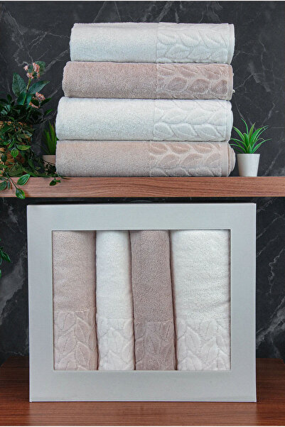 ihvan online طقم مناشف حمام من القطن 100% من هازال، طقم مناشف حمام مكون من 4 قطع، مقاس 50x90 - 90x150، لون بيج-كريمي - 00081