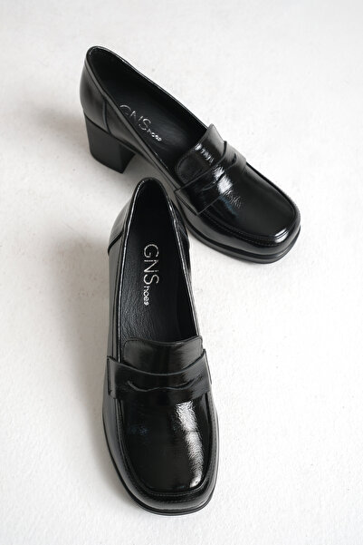 GNS Shoes ELEGANT Справжня шкіра Чорний лак Товстий каблук Лофер Взуття