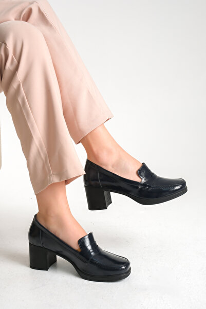 GNS Shoes ELEGANT Γνήσιο δέρμα Παπούτσια με χοντρό τακούνι από λουστρίνι σε μπλε ναυτικό χρώμα