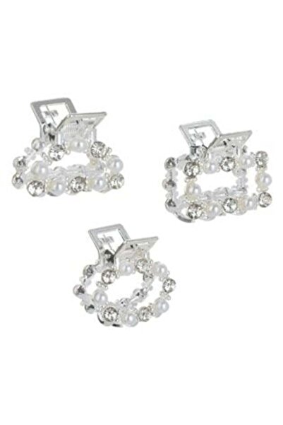 BAMI NETWORK Silver Hair Clip Set with White Beads & Strass 2.5cm - 3pcs