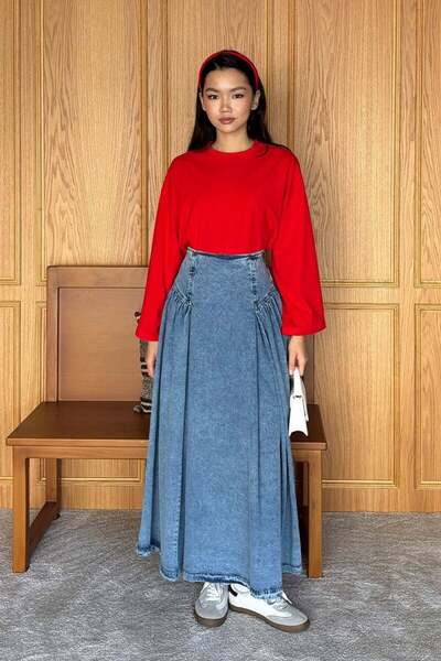 Ceylan Otantik Φούστα Ice Blue Denim με λεπτομέρεια πλισέ