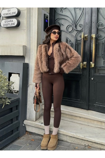 D'RECCY Women's Round Neck Lined Crop Short Fur Coat