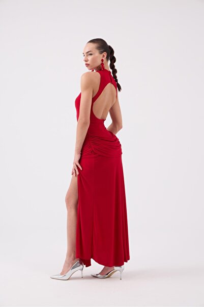 HOLLY LOLLY Backless Slit Long Emilia Dress Red