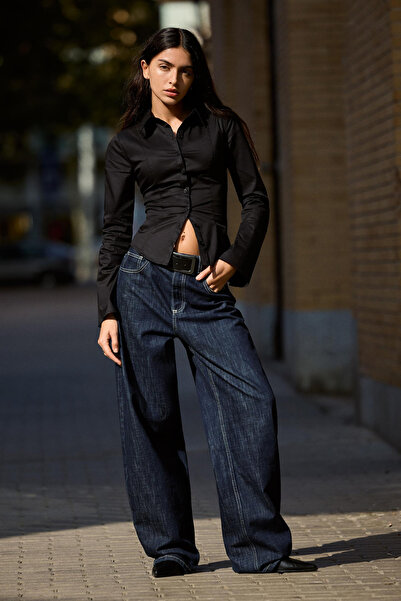 MİROR Cămașă neagră cu mânecă lungă mulat pentru femei