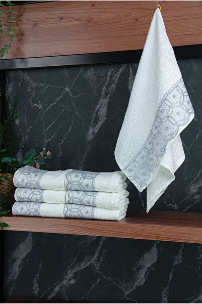 ihvan online Lace Trimmed Luxury 100% Cotton Dowry Set of 6 Hand and Face Towels 40X70 - Gray - 4400