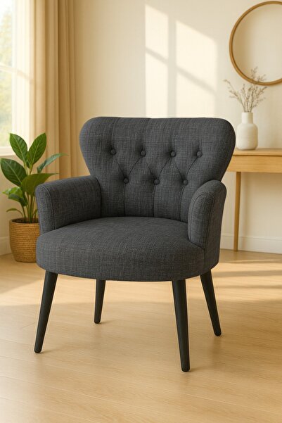 WATERYBROOK Modern Keten Kumaş Berjer – Ahşap Siyah Demonte Ayaklı Tekli Koltuk - 5 Renk Seçeneği - Antrasit