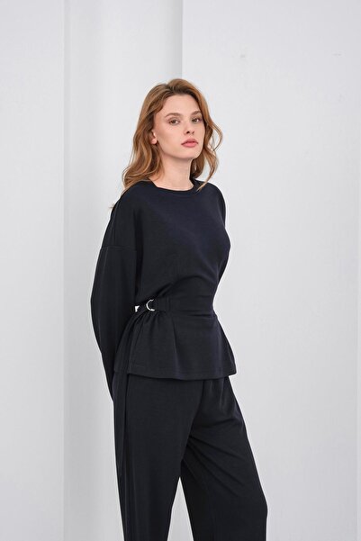 Basicpark Dark Navy Blue Women's Premium Modal D Buckle Ornament Belted Top and Bottom Set