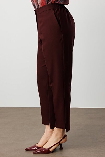Ekol Elastic Waist Skinny Leg Fabric Trousers Burgundy