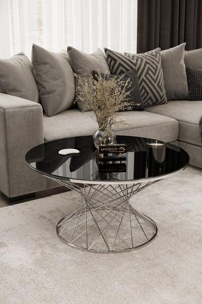 MYDECO Hasır Orta Sehpa Gümüş Kaplama Siyah Ayna