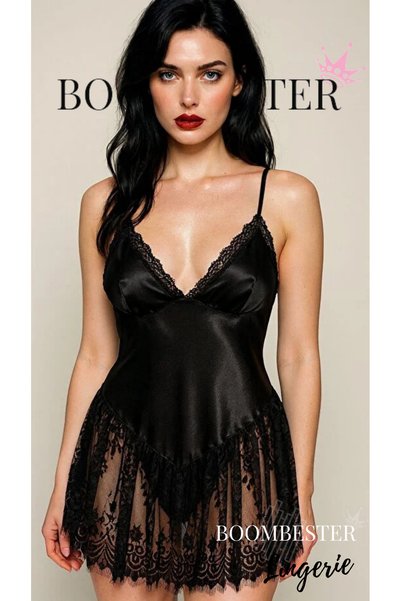 BoomBester Cămașă de noapte din satin cu detaliu din dantelă neagră – bretele reglabile, design elegant și elegant