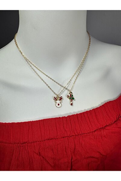 Uno Di Famiglia Set of 2 Christmas Necklaces, Reindeer Necklace, Candy Cane N...