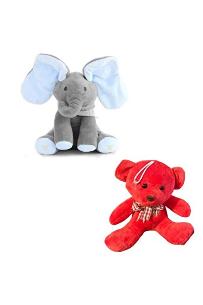OEM Set: Elefantul Cucu-Bau Gri/Albastru 30Cm + Ursulet de Plus 18 Cm, Rosu
