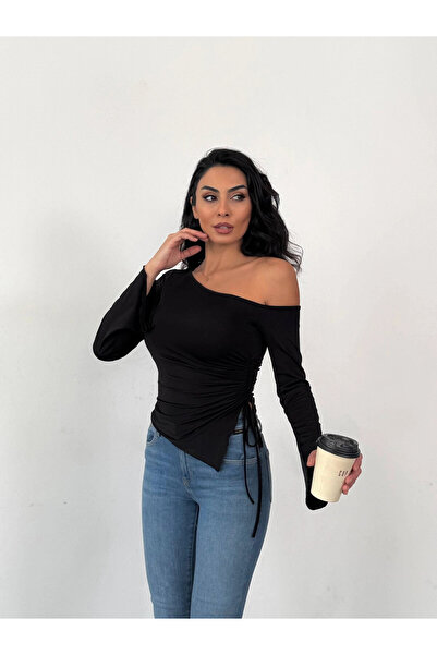 hazelin Women's Black Asymmetrical Cut Spanish Sleeve Gathered Waist Sandy Blouse Hzl25W-Fry123591