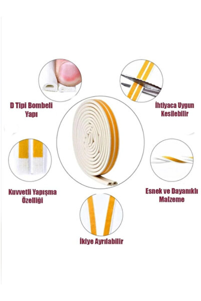 NUBLADO Yapışkanlı Kapı - Pencere Bandı Fitili Soğuk İzolasyon Kauçuk Bantları 5x2=10 Metre (BEYAZ)