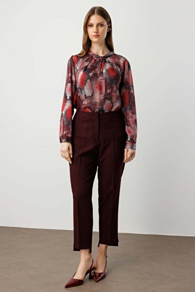 Ekol Elastic Waist Skinny Leg Fabric Trousers Burgundy