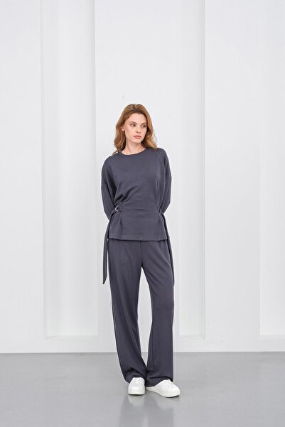 Basicpark Smoked Women's Premium Modal D Buckle Ornament Belted Top and Bottom Set