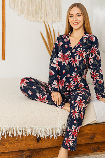 REMSA Σετ πιτζάμες με λουλουδάτο σχέδιο για γυναίκες μεγάλου μεγέθους με κουμπιά Saphire 0503 Μαύρο06