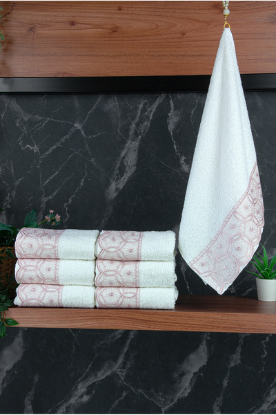 ihvan online طقم مناشف يد ووجه فاخرة من القطن 100% مزينة بالدانتيل مكونة من 6...