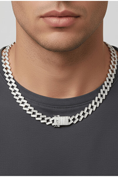 Ricco Jewellery 14 K White Gold Kaplama 925 Ayar Gümüş Miami Cuban Choker Kolye