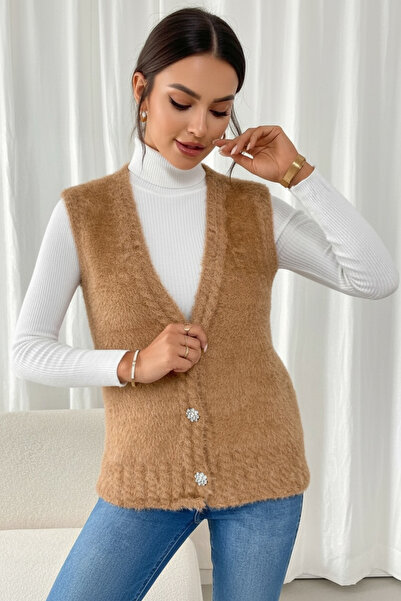 NEWCO Women's Feather Knit Vest with Stone Embroidered Buttons, Soft Texture, Casual and Easy to Match