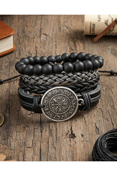BSN Store Vegvisir Symbol 4-Piece Genuine Leather Bracelet Men's Bracelet Real Leather Bracelet