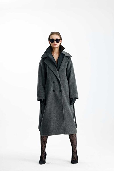 GACA COLLECTION SAPPHİRA Kaşe Gri Deri Yakalı Uzun Kaban