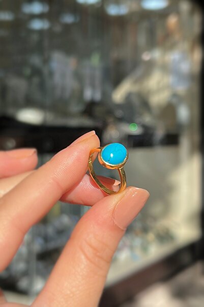 Erer Gümüş Gümüş 10x8 mm firuze taşlı altın kaplama yüzük