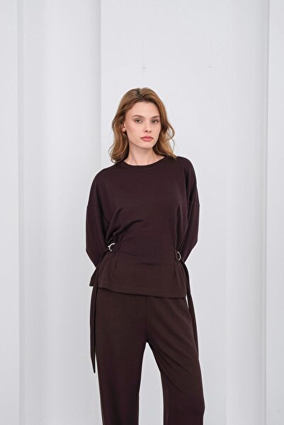 Basicpark Brown Women's Premium Modal D Buckle Ornament Belted Top and Bottom Set