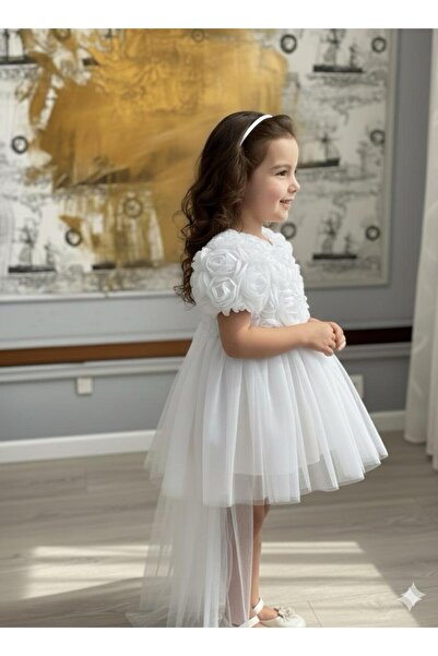 BİLGEN Style Girls' Dress with Balloon Sleeves, Detail with Trail, Bow, Party, Birthday Dress, Cotton