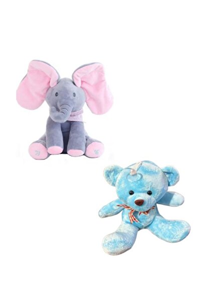 OEM Set: Elefantul Cucu-Bau Gri/Roz 30 Cm + Ursulet de Plus 18 Cm, Bleu